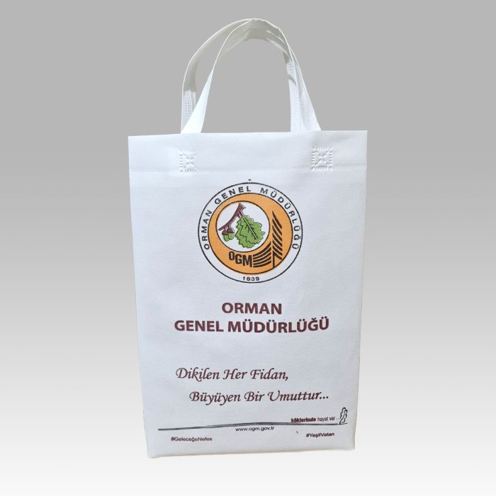 Beyaz, logo baskılı körüklü ultrasonik nonwoven tela çanta