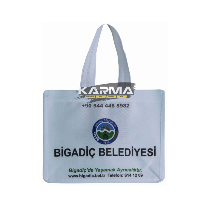 Beyaz yatay gövde, kısa beyaz kulplar ve yeşil-mavi amblem. Dikişli tela fuar çantası.