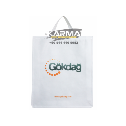 Beyaz gövde üzerinde turuncu noktalı yeşil logo. Dikişli tela fuar çantası.