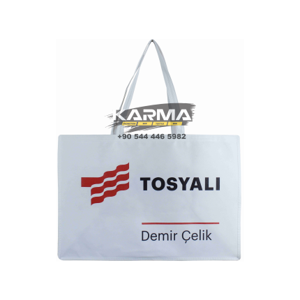 Beyaz yatay gövde, uzun beyaz kulplar ve kırmızı amblem. Dikişli tela fuar çantası.
